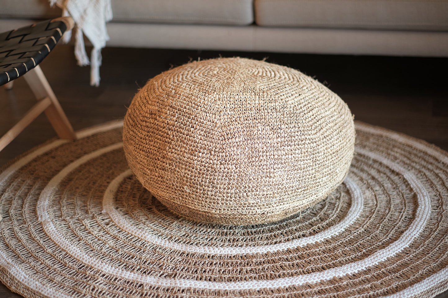 Boho Seagrass Rounded Ottoman